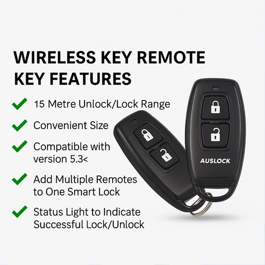 Wireless key remote with features listed on a white background Wireless key remote with features listed on a white background