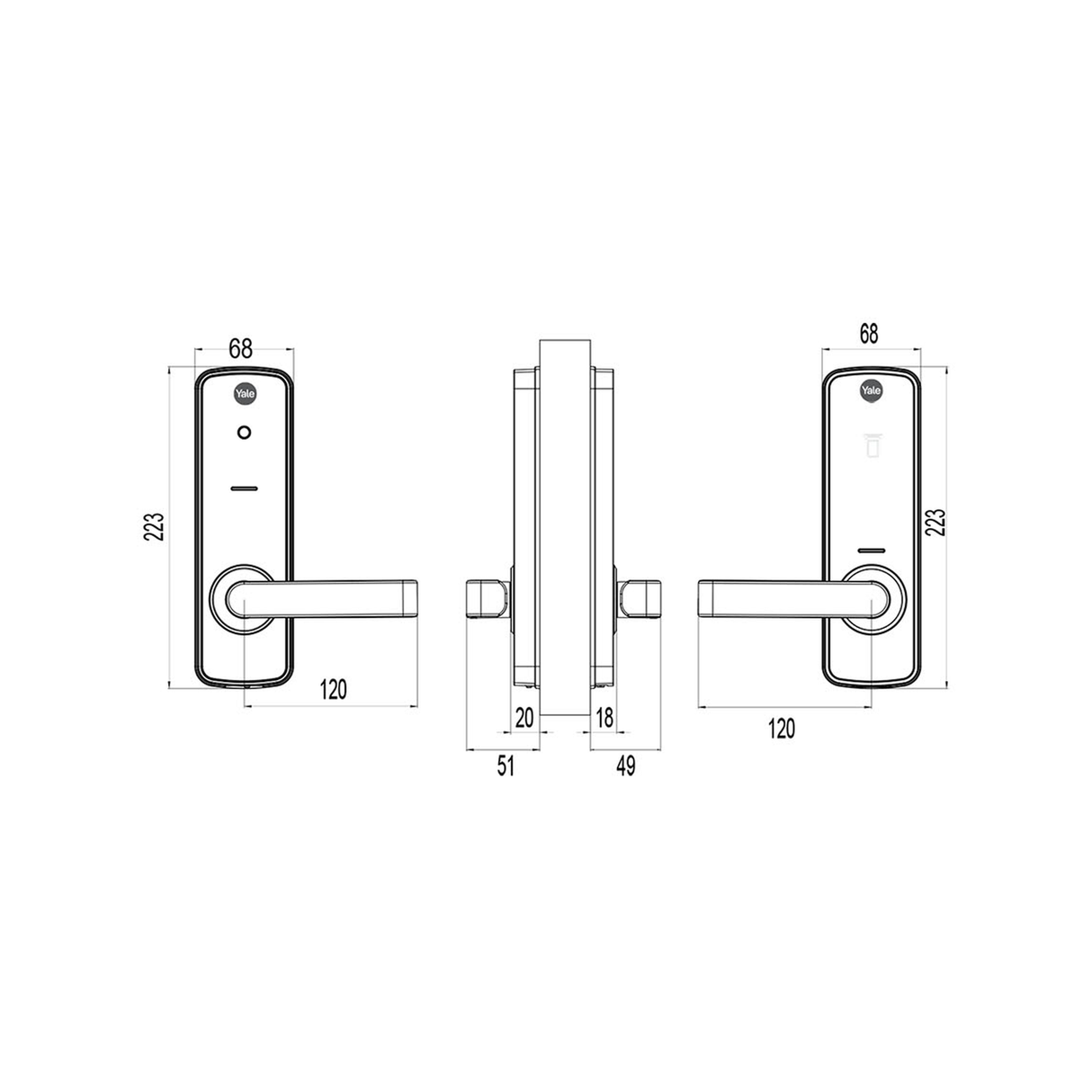 Technical drawing of a electric door handle with dimensions on a white background Technical drawing of a electric door handle with dimensions on a white background