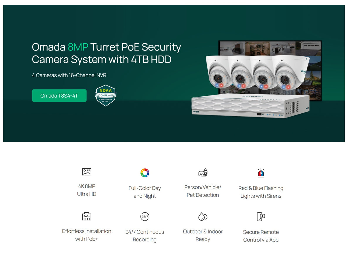 TP-Link Omada T8S4-4T 8MP 4K PoE Security Camera Kit – 4 Cameras + 4TB NVR TP-Link Omada T8S4-4T 8MP 4K PoE Security Camera Kit – 4 Cameras + 4TB NVR