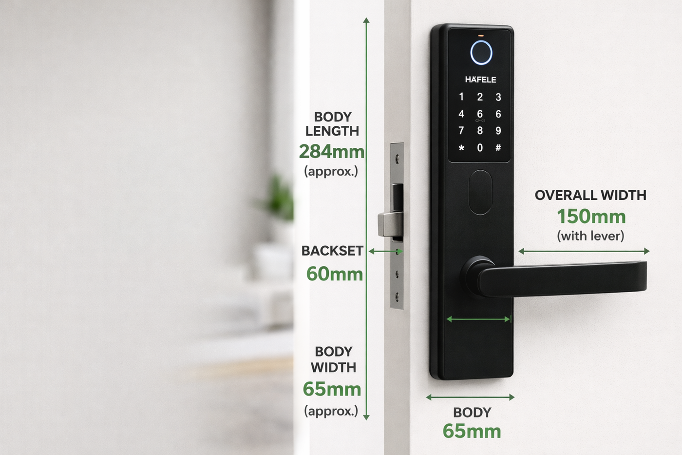 digital door lock with dimensions labeled on a white door