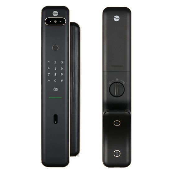 Black electronic front door locks with digital keypad on a white background