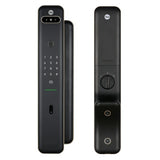 Black electronic front door locks with digital keypad on a white background