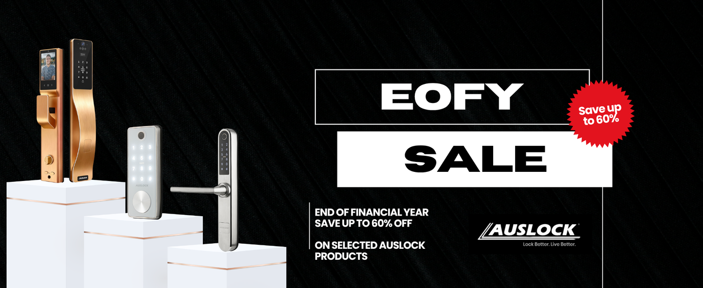 Auslock digital door locks on display with EOFY sale text and Auslock logo.