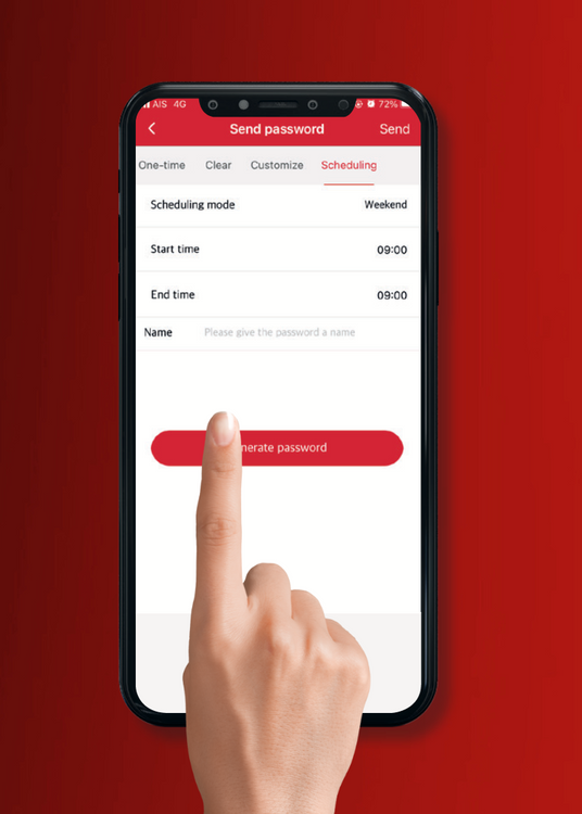 Hand interacting with a smartphone app on a red background