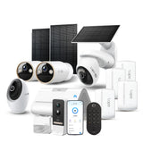 Collection of security cameras, solar panels, and a smartphone app on a white background