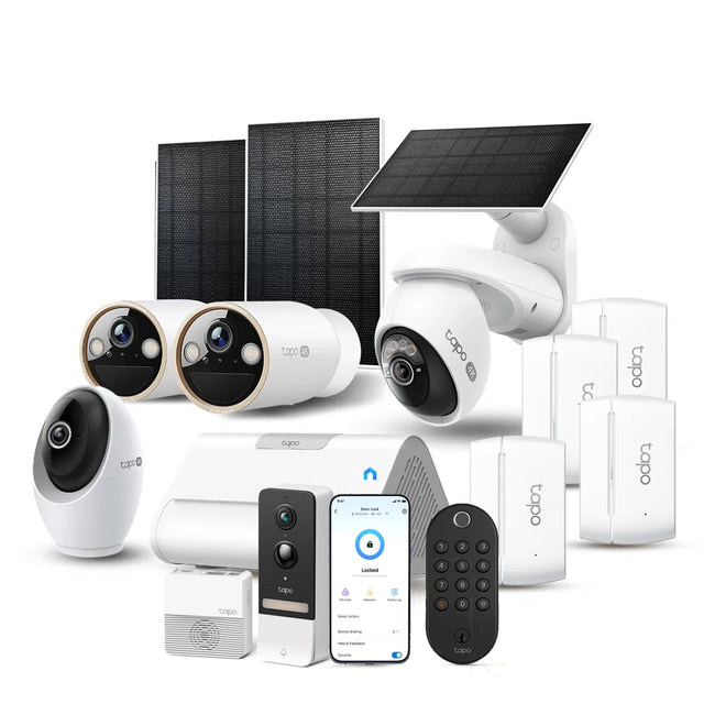 Collection of security cameras, solar panels, and a smartphone app on a white background
