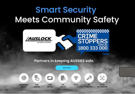 Advertisement for smart security solutions with Auslock and Crime Stoppers logos on a dark background.