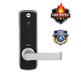 Black door lock wifi with silver lever on a white background, featuring fire rated and DDA compliant logos.