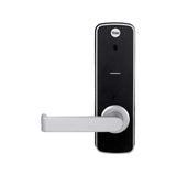 Yale electronic door locks australia with black body and silver handle on a white background