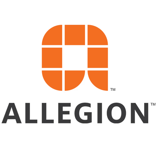 Allegion logo with orange 'A' and brand name on a black background