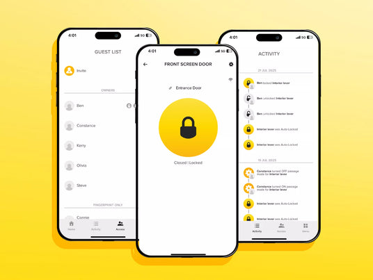 Three smartphone screens displaying an app interface for phone door lock